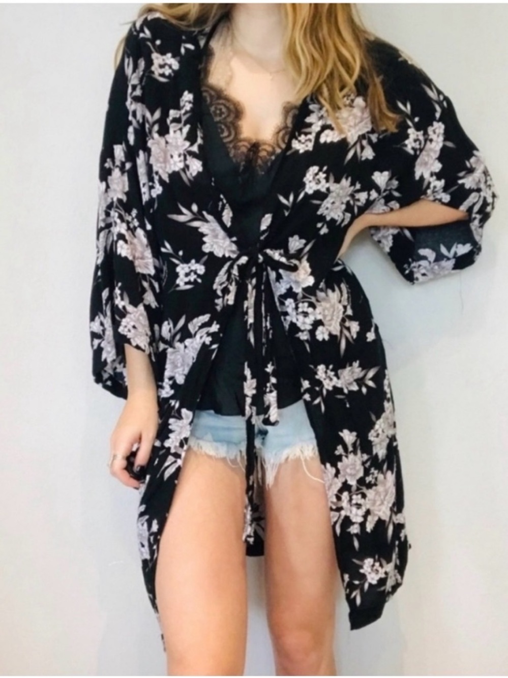 Spiritual Gangster Maya Black and White Floral Kimono Boho Loungewear Casual OS